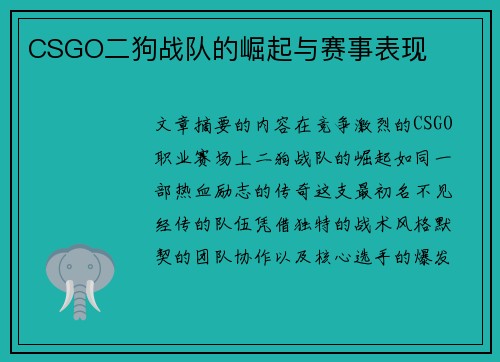 CSGO二狗战队的崛起与赛事表现