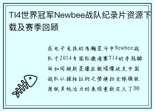 TI4世界冠军Newbee战队纪录片资源下载及赛季回顾
