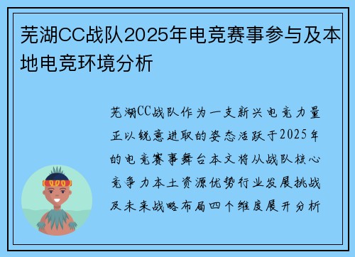芜湖CC战队2025年电竞赛事参与及本地电竞环境分析